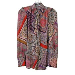 Caliban Purple Paisley Metallic Sheer Button Down Blouse With Neck Tie Size 38